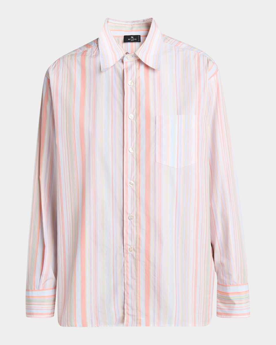 Silk Foulard-Panel Stripe Cotton Poplin Tunic Shirt